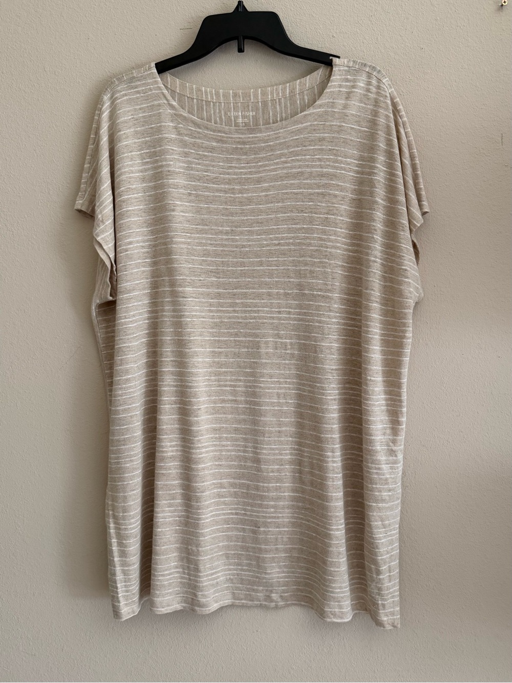 Eileen Fisher Organic Linen Striped Tunic Top L Beige White Oversized
